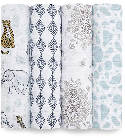 Aden + Anais Pucktücher, Decken aus 100% Baumwoll-Musselin für Neugeborene Mädchen & Jungen, Wickeltücher-Set für Säuglinge & Kleinkinder, Geschenke für Babys, 120x120cm, 4er-Pack, Jungle
