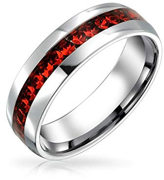 Bling Jewelry Anello Di Fascia Eternità In Cristallo Rosso Per Uomini E Donne Nati A Luglio In Acciaio Inossidabile Tonalità Argento Con Incastonatura A Canale