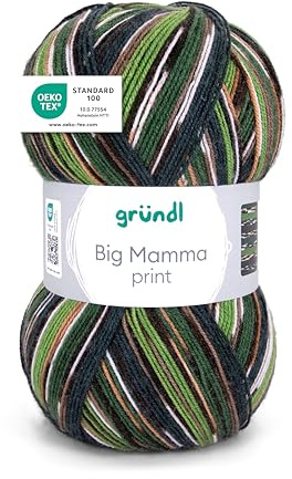 Gründl Lana Big Mamma Print - Lana XXL para tejer - ovillo grande de 400 g / 1040 m - lana con degradado de color 100% poliacrílico - marrón oscuro-verde abeto-blanco-camello-petroleo