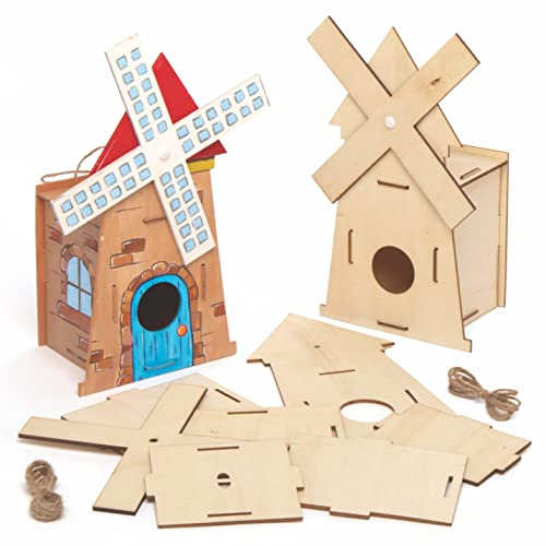 Baker Ross AT864 Windmill Wooden Birdhouse Kits - Pack of 2, For Kids Arts and Crafts Projects