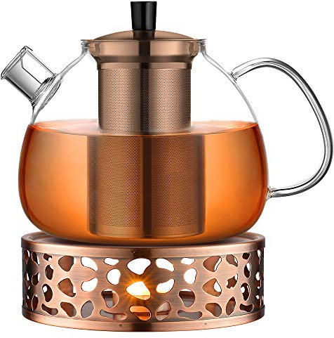 ecooe Teekanne aus Glas mit Teesieb, 1500 ml, mit Teewärmer 18/8 Edelstahl, Teekanne aus Glas mit abnehmbarem Teesieb aus Edelstahl (Kupferfarben), für schwarzen Tee, Grüntee, parfümierter Tee