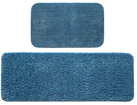 MIULEE Badematte 2 Teilig Badezimmerteppich 40x60 cm und 45x120 cm Blau | Badvorleger Rutschfest Waschbar Bettvorleger Badteppich Saugfähige Duschvorleger Fussmatte für Wohnzimmer Badezimmer
