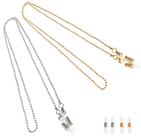Aabellay 2 Stück Brillenkette Sonnenbrillen Brillen Kette Lesebrillen Brillenbänder Hals Schnur Gläser Band Brille Cords für Damen Geschenk mit Silikon Antirutsch Ringe –GA006 Gold und Silber