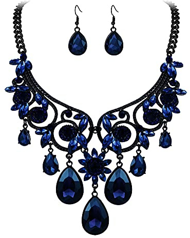 Clearine Halloween Costume Jewellery Diamante Crystal Gemstone Tribal Ethnic Chunky Wedding Bridal Statement Necklace Dangle Earrings Set for Women Sapphire Black-Tone