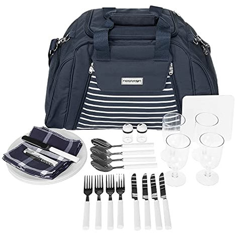 anndora Picknicktasche mit Kühlfach Navy blau weiß gestreift 29 Teile 4 Personen