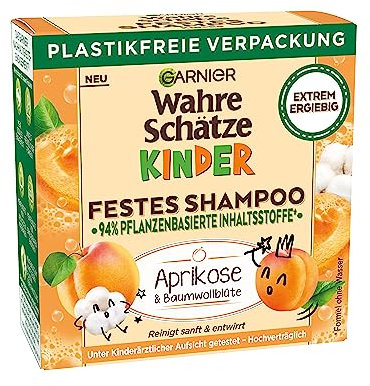 Garnier Festes Kindershampoo, Mildes Pflegeshampoo für empfindliches Haar und leichte Kämmbarkeit, Mit Aprikose und Baumwollblüte, Wahre Schätze Kids, 1 x 60 ml