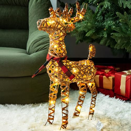 Eambrite Rattan Reindeer Light up Christmas Decorations Indoor Christmas Lights Battery Operated LED Deer Lights Waterproof for Outdoor Yard Garden and home Decor - 2ft / 60cm, Warm White