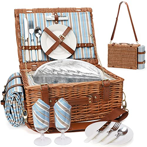 HappyPicnic Wicker Picknickkorb Besteckservice Picknickkorb Isolierter Kühltasche Picknick Set Korb aus Weidengeflecht, für Camping,Outdoor, Weihnachten (M for 2 Persons with Straps)