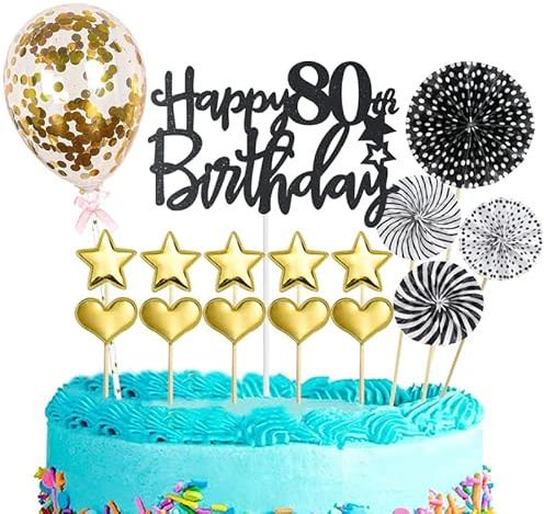 POPOYU 16Pcs Happy 80th Birthday Cake Topper Black Gold for Men&Women, Glitter personalised Cupcake Topper, Kit Decorations, Sign