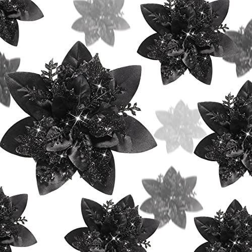 Geosar 24 Glitzer Weihnachtsstern Blumen Künstliche Weihnachten Blumen Ornamente Hochzeit Blume Deko Weihnachtsbaumschmuck mit Clip für Geschenk, 6 Zoll, 4 Zoll, 3 Zoll (Schwarz)