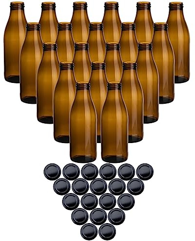 gouveo 20er Set Glasflaschen 1000 ml (1,00 l) Saftflasche 1000 ml Antik rund mit schwarzen Schraubdeckeln TO 48, braune Weithalsflasche zum Abfüllen & Aufbewahren (SFA1000SZ)