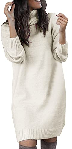 Tröjklänning dam höst vinter stickad klänning polotröja klänning långärmad stickad tröja klänningar varm jumper kvinnor miniklänning fritidsklänning elegant festklänning klänning, Vit, S