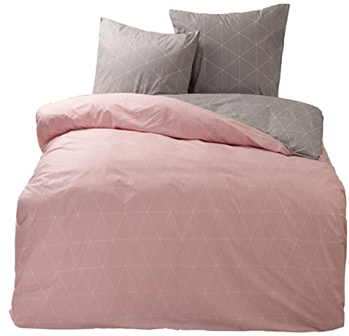 one-home Bettwäsche Raute Geometrisch rosa grau modern Wendebettwäsche Baumwolle Renforcé, Größe:4 teilig 135x200 cm - Normalgröße