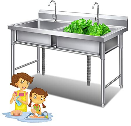 Doppelwaschbecken, Draussen Spülbecken, Rostfreier Stahl Kommerziell Küchenspülen Mit Wasserhahn & Abtropffläche, Freistehend Handwaschstation, für Wäsche/Garten/Garage, 2 Fach ( Size : 120*70cm//47.2