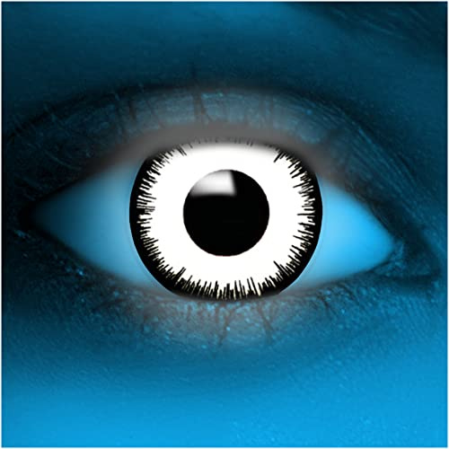 FXCONTACTS Jahreslinsen UV Weiß VAMPIR + Tattoos & Kontaktlinsenbehälter, 2 Stück (1 Paar) farbige Kontaktlinsen ohne Stärke, leuchtend unter Schwarzlicht, weich & wiederverwendbar