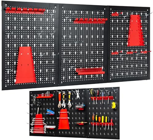 GYMAX Panneau de Rangement Mural pour Outils, Panneau Perforé avec Set de 28 Accessoires, Système de Rangement Mural avec 3 Panneaux, pour Ateliers, Stations de Travail de Maison, Noir+Rouge