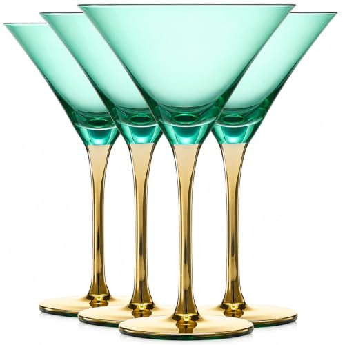 Farbige Martini-Art-Deco-Gläser, Gold, 2 Stück, 237 ml, klassische Cocktail-Gläser für Cosmopolitan, Martini, Bellini, Sidecar, Crystal Speakeasy Style Kelchstiele, Blaugrün, Grün (226.8) g) | Schalen in leuchtendem Schmuckton mit luxuriösen, metallischen Stielen, Retro-Speakeasy Glamour, kosmopolitischer Bellini