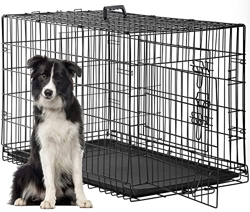 FDW Dog Crate for Large Dogs 48 Inch Folding Metal WirePet Cage Double Door W/Divider Panel Indoor Outdoor Kennel Leak-Proof Plastic Tray,Black