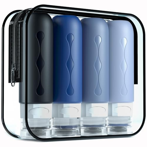 Gemice Flacons de Voyage, 4Pcs Étanches Bouteille de Voyage Silicone, Accessoires de Voyage Aéroport Contenant pour Huile Solaire, Shampooing, Lotion, Gel Douche Crème (90ml)