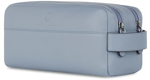 VON HEESEN Kulturbeutel Leder Kulturtasche für Herren & Damen - Echtleder Necessaire ideal zum Reisen - Waschtasche und Kosmetiktasche mit Zwei Hauptfächern hellblau, groß