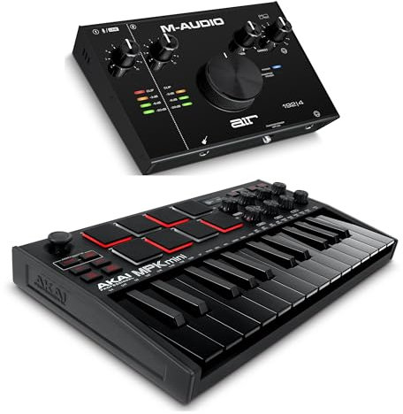 Recording Studio Package - Akai Professional MPK Mini MK3 USB MIDI Keyboard Controller and M-Audio AIR 192I4 Audio Interface, with Production Software, black
