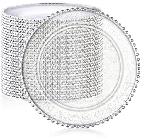 Hoolerry 50 Pack Clear Charger Plates Bulk 13 Inch Plastic Round Beaded Dinner Chargers Acrylic Frosted Grain Decorative Service Plates for Wedding Party Event, Home and Kitchen Tabletop (Silver)