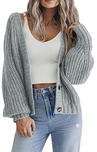 HOTOUCH Strickjacken für Damen, kurz, vorne offen, mit Knöpfen, lockere Langarm-Strickwaren, übergroßer Pullover, lichtgrün, S