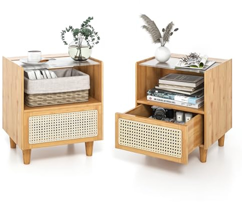 GIANTEX 2er Set Nachttisch aus Bambus, Nachtschrank mit Rattan-Schublade & offenem Fach, Beistelltisch mit Glastischplatte, Sofatisch Holz Vintage, Nachtkommode mit Kabelführungsschlitzen, 43x35x50cm