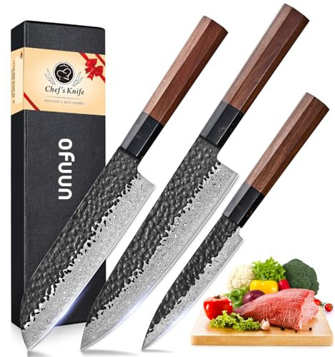 oFuun Ensembles de Couteau Cuisine Damas, Set de 3 Pièces: Couteau de Chef en Acier VG10 de 20cm, Santoku de 18cm et Universel de 12,6cm