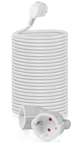 EXTRASTAR Doppelstecker Verlängerungskabel 15M, Doppelsteckdose für Innen, mit Kinderschutz Stecker und Haken, 16A/250V, Weiß