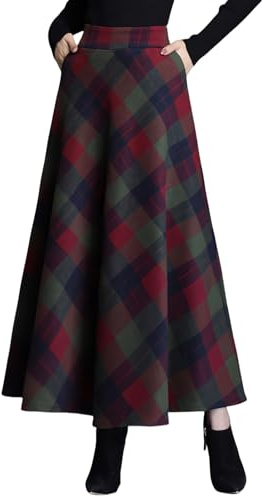 SLQPFK Gonna lunga a quadri da donna, maxi gonna a quadri in lana calda autunno inverno 2025 con tasche, gonna in tartan con elastico in vita a una linea, Verde 02, M