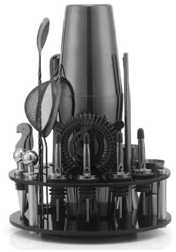 Kit Complet D'outils For Shaker À Cocktail Avec Présentoir Rotatif En Acrylique, Outils De Préparation De Cocktails En Acier Inoxydable, Ensemble De Barman De 25 Pièces For Bar, Fête, Maison(Black 2)