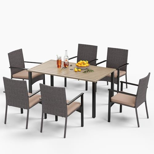 MFSTUDIO Rattan Gartenmöbel Set, Balkonmöbel, Rechteckiger Gartentisch mit Stühlen Terassenmöbel mit Verstellbarem Schirmloch, Terassenmöbel Außen für Garten, Beige Kissen, Dunkelbraun