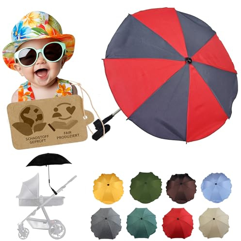 BambiniWelt by Rafael K. Sonnenschutz universal [Sonnenschirm für Kinderwagen] Buggy UV Schutz 50+ mit Universalhalterung biegsamer Schirm für Rund- und Ovalrohre verstellbar (grau-rot)