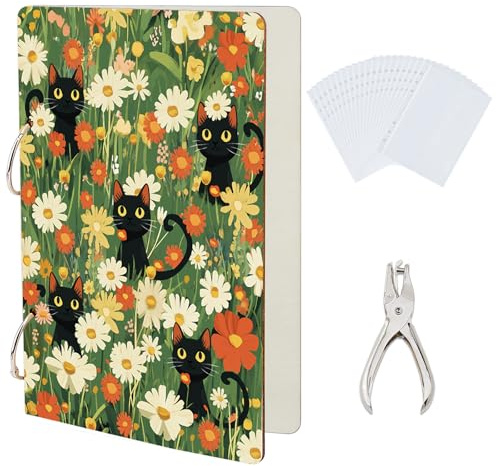 SUPERDANT Album Carte Postale de Vœux Motif Chat Noir Classeur de Cartes de Vœux Motif Fleurs Classeur en Bois Motif Dessin Animé Album de Cartes Postales à 2 anneau avec Perforation et 20 pochettes