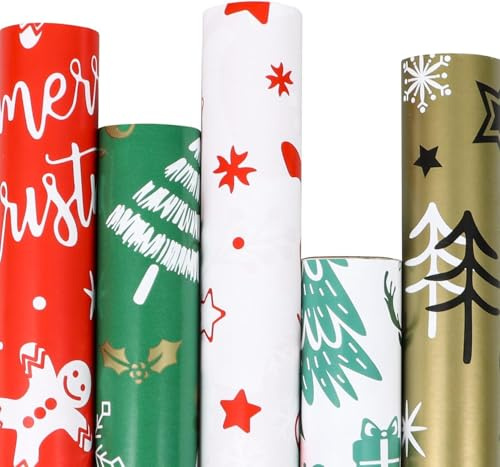 SULOLI 5 Rollos Papel de Regalo de Navidad，Papel Envolver Navideño Reciclables，Papel de Navidad para Regalo，Decoración Festiva（5 Estlios）