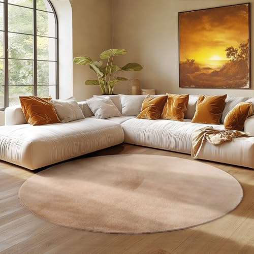 SIMPEX Runder Teppich Beige 80 cm Waschbarer Kurzflor Teppich, rund, rutschfest & weich, modernes einfarbiges Design für Wohnzimmer, Schlafzimmer, Küche & Kinderzimmer.