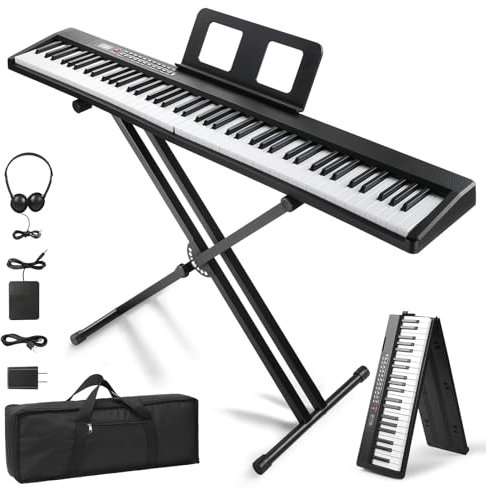 LEADZM 88 Tasten Faltbar Digital Piano, Halbgewichteten Klavier Piano mit Doppelrohr-X-Förmigem Ständer, Keyboard mit Dual-Bluetooth-Modus, 1000 Rhythmen, 1000 Tönen und 50 Demos (Schwarz)