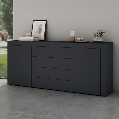 Mai & Mai Sideboard Kommode 167cm 4 Schubladen 2 Türen Stauraum | Kommode mit Schubladen & verstellbaren Böden, grifflos, matt Anthrazit, für Wohnbereich, BxTxH:167x36x70cm, Schrank03