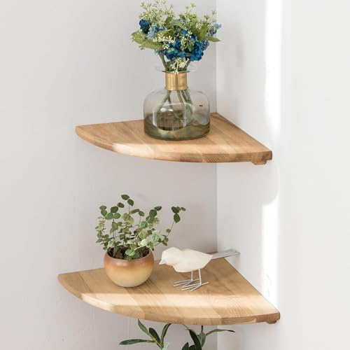 Gieanoo Eckregal Hängeregal, 2er Set Eiche Massivholz Eckregal runde Enden Wandregal Holz Vintage Landhausstil Regal für Schlafzimmer Wohnzimmer Radius 18cm