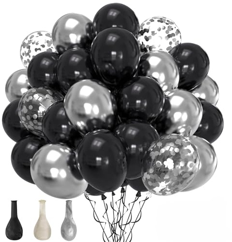 Luftballons Schwarz Silber 60 Stück 12 zoll Schwarze Latex Ballons Silber Metallic Konfetti Ballons für Hochzeit Geburtstag Ruhestandsfeier Ramadan Halloween Silvester Neujahr Party Deko