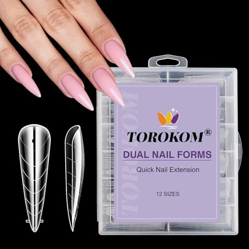 TOROKOM 120Stk Poly Gel Nagel-Set, 12 Größen Lange Stiletto Dual Nail Forms | Vollständig Abdeckende Nagelformen Tips für Acrylnagelverlängerung, Professionelle Nageldesign Tools für Salon, Heimgebrauch