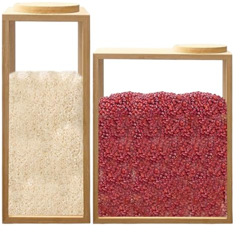 Obelunrp Conteneurs de Stockage d'aliments en Bambou, Distributeur de céréales en Bambou 2pcs avec Couvercle à l'épreuve, Cartouche Grains café Transparent pour Le Sucre, Noix, Grain café, céréales