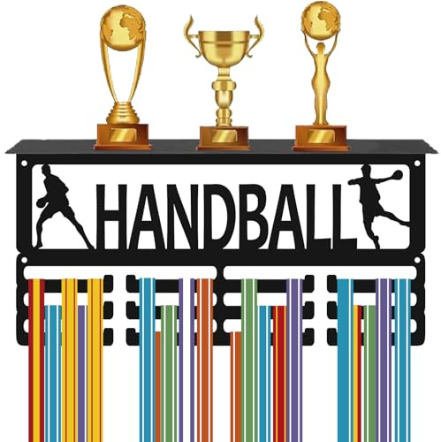 CREATCABIN Medaillenhalter Trophäen Auszeichnungsregal Mit 1Haken Handball Sport Metall Medaillenaufhänger Mit Regal Wandmontage Hält 60 Bänder Organisation Aufbewahrung Rennsieger Schwarz 40x20x10cm