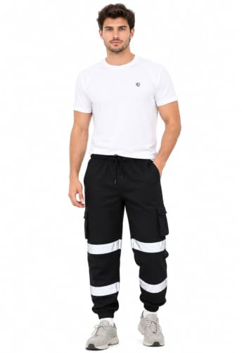 Hi Viz Men's Fleece Work Trousers Reflective Safety Hi Vis Joggers - Men High Visibility Combat Workwear Bottoms Pants (Black, X-Large)