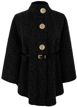 Ladies Women Italian Lagenlook Batwing Funnel Neck 3 Button Textured Belted Cape One Size (UK, Alpha, One Size, Regular, Regular, Black)