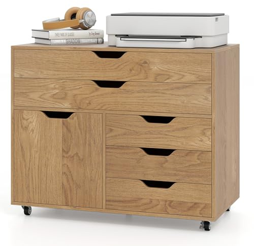 SFAREST Mobile File Cabinet with Drawers, Multifunctional Wooden Printer Stand with Door & Wheels, Stationery Rolling Filing Cabinet and Home Office Drawer Chest(Natural,5 Drawers+1 Door)