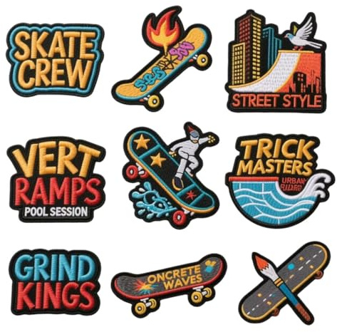 9 Stück Skateboard Patches zum Aufbügeln,Bestickte Aufnäher,DIY-Aufnäher,Reparaturflicken,zum Aufnähen auf Kleidung Kleid Hut Jeans Rucksäcke Hosen T-Shirts Jacke Textilien Taschen Bügelflicken