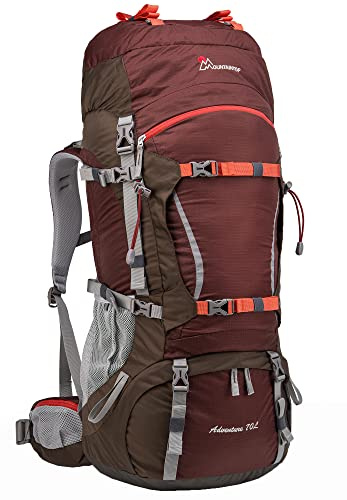 Mountaintop 70L Trekkingrucksack Reiserukcsack Damen Herren mit Regenschutz für Trekkingtouren, Bergsteigen, 76 x 33 x 26 cm(Garnet Red)