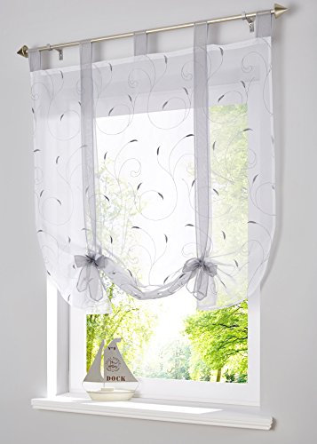 Yaland Voile Besticktes Raffrollo Romantische Bindegardine mit filigraner Stickerei Küchen Gardinen Wohnzimmer Gardinenschals (BxH 120x140cm, Silbergrau) 1 Stück